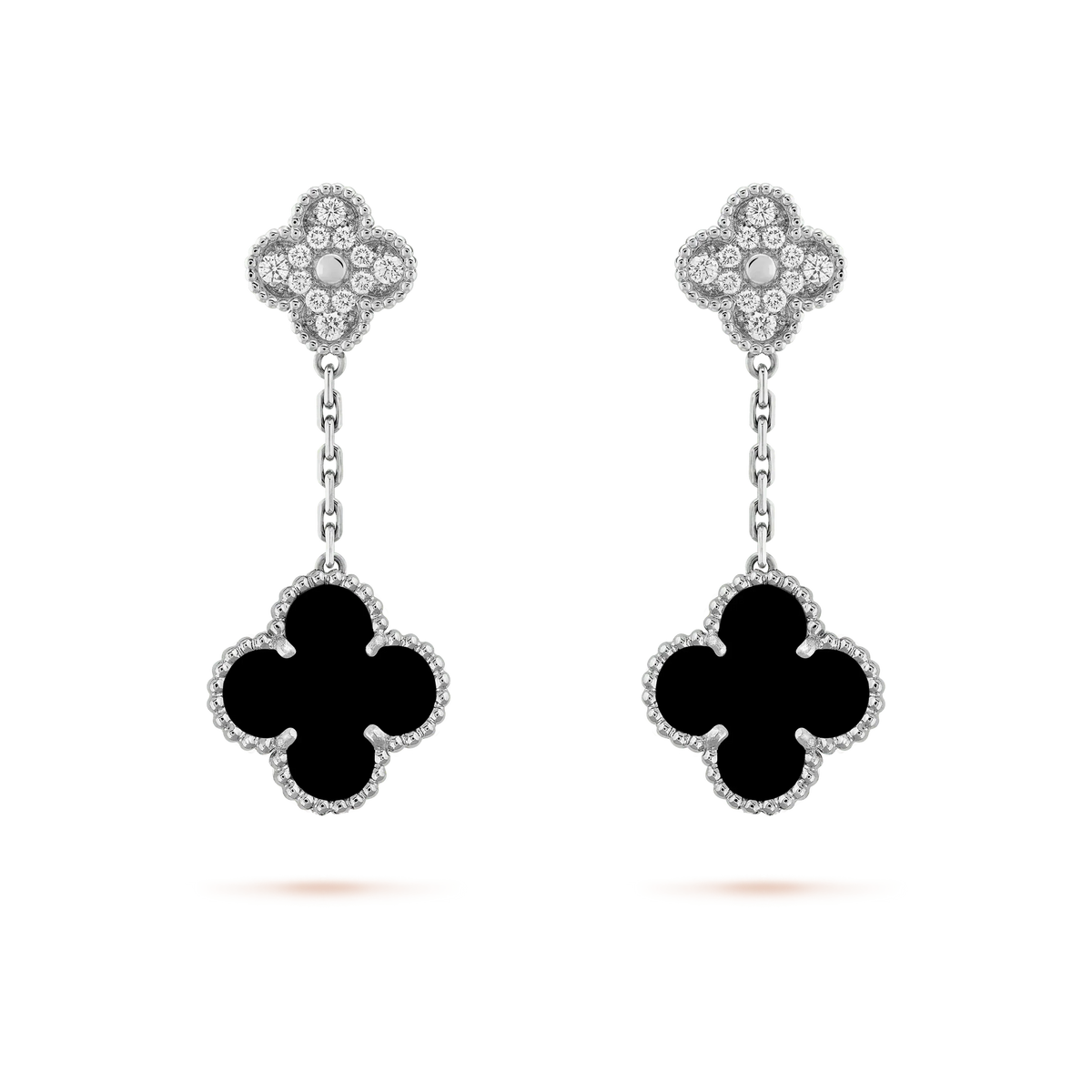 [Leaves]CLOVER 2 MOTIFS  DIAMOND ONYX EARRINGS SILVER