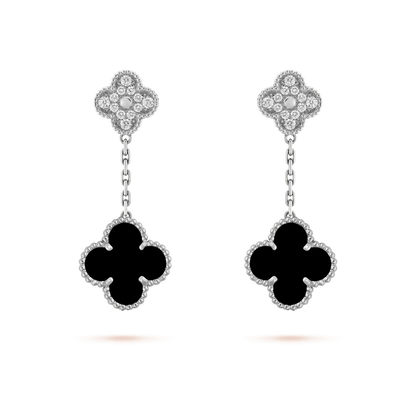 [Leaves]CLOVER 2 MOTIFS  DIAMOND ONYX EARRINGS SILVER