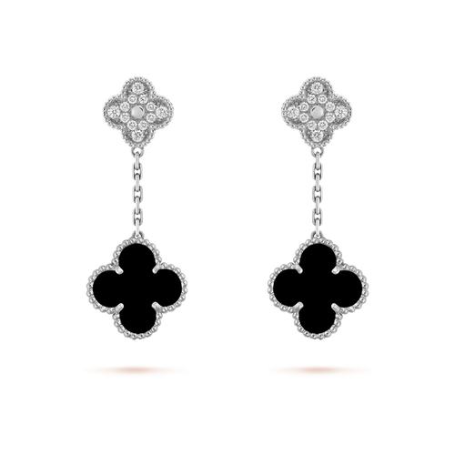 [Leaves]CLOVER 2 MOTIFS  DIAMOND ONYX EARRINGS SILVER
