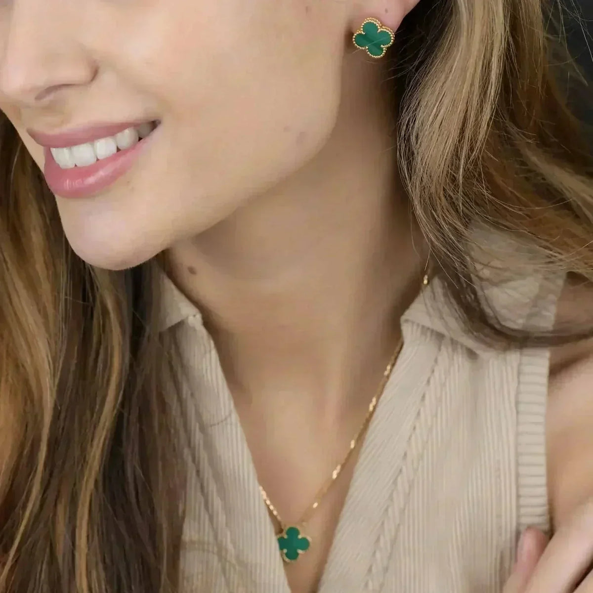 [Leaves]CLOVER MINI 9.5MM MALACHITE  EARRINGS