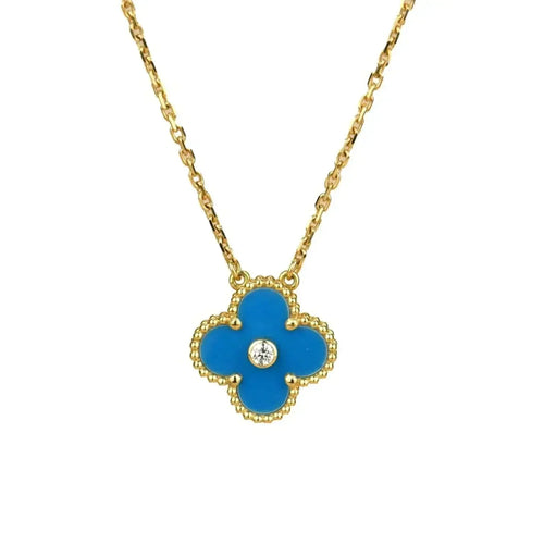 [Leaves]CLOVER 15MM DIAMOND AND BLUE AGATE NECKLACE
