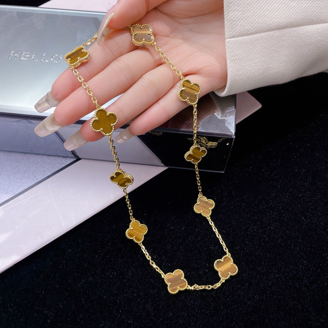 [Leaves]CLOVER 10 MOTIFS TIGER EYE NECKLACE