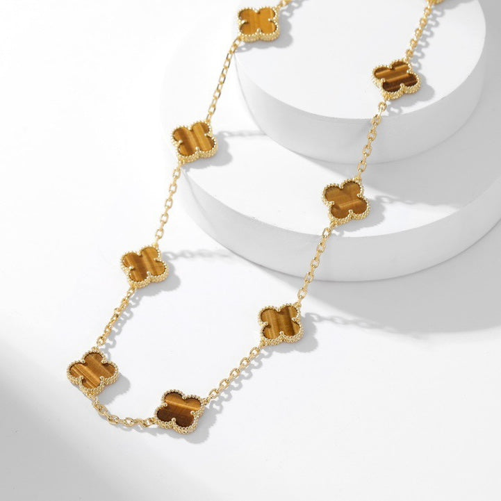 [Leaves]CLOVER 10 MOTIFS TIGER EYE NECKLACE