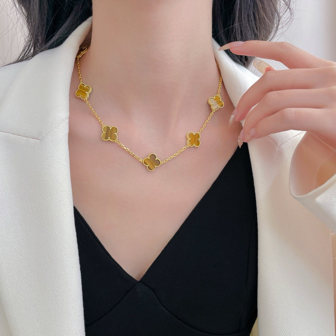 [Leaves]CLOVER 10 MOTIFS TIGER EYE NECKLACE