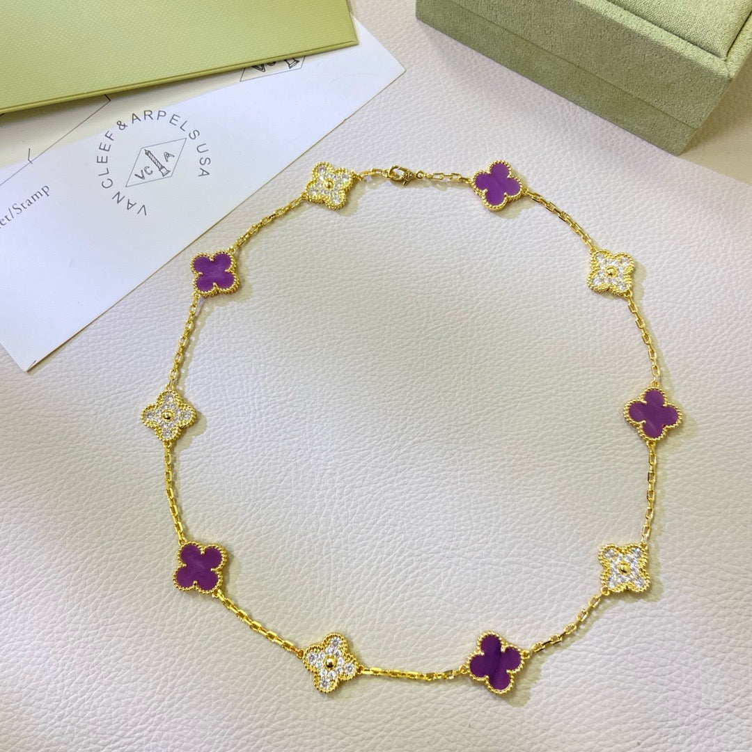 [Leaves]CLOVER 10 MOTIFS  PURPLE VIOLET DIAMOND NECKLACE