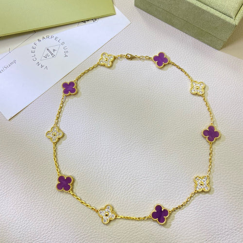 [Leaves]CLOVER 10 MOTIFS  PURPLE VIOLET DIAMOND NECKLACE