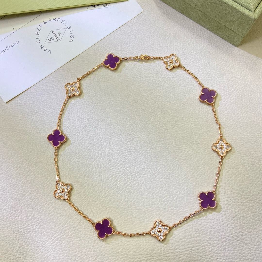[Leaves]CLOVER 10 MOTIFS  PURPLE VIOLET DIAMOND NECKLACE