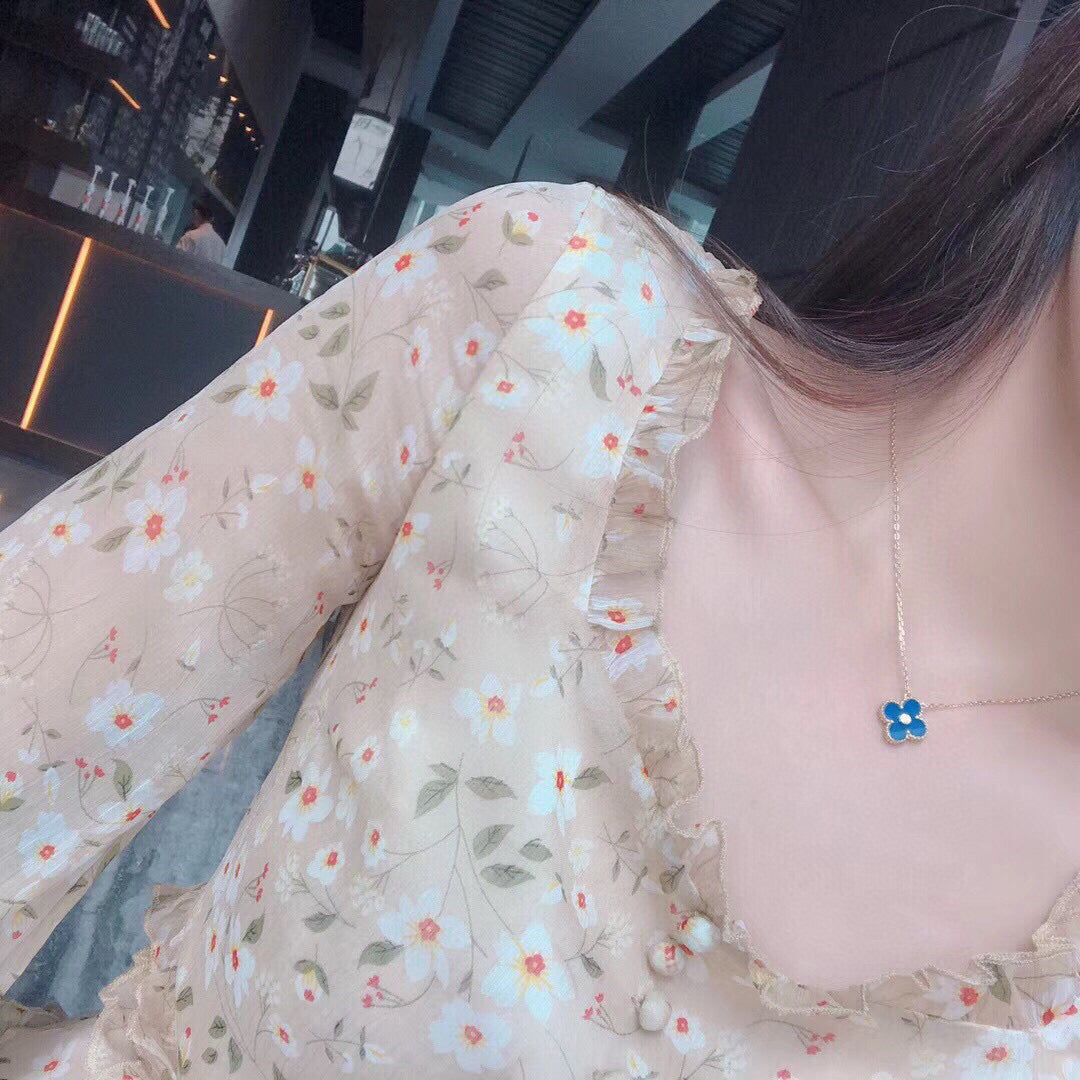[Leaves]CLOVER 15MM DIAMOND AND BLUE AGATE NECKLACE