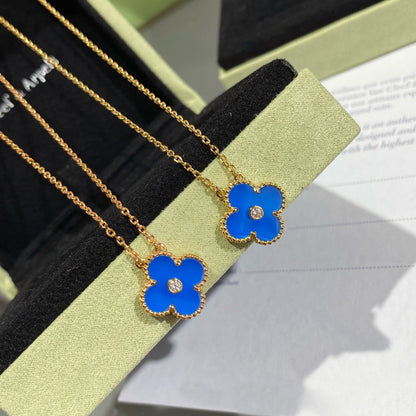 [Leaves]CLOVER 15MM DIAMOND AND BLUE AGATE NECKLACE