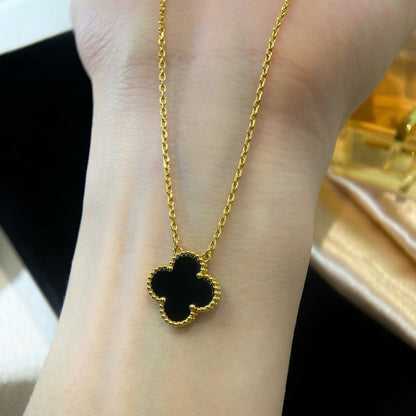 [Leaves]CLOVER 15MM BLACK ONYX SINGLE FLOWER NECKLACE