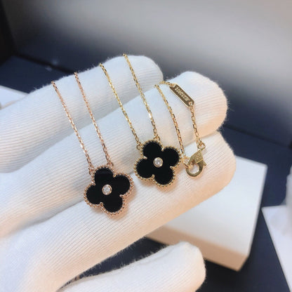 [Leaves]CLOVER 15MM DIAMOND ONYX NECKLACE