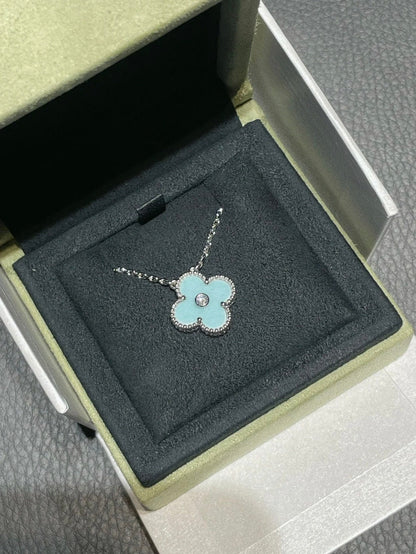 [Leaves]CLOVER 1 DIAMOND LIGHT BLUE SILVER NECKLACE