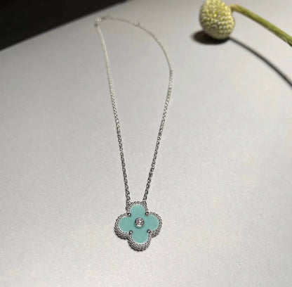 [Leaves]CLOVER 1 DIAMOND LIGHT BLUE SILVER NECKLACE