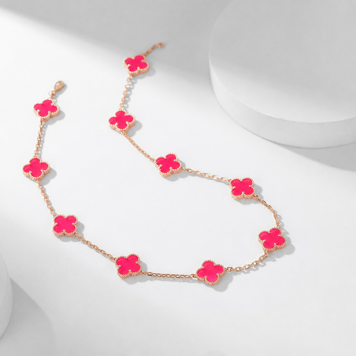 [Leaves]NEW CLOVER 10 MOTIFS PINK ENAMEL NECKLACE