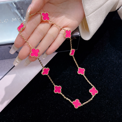 [Leaves]NEW CLOVER 10 MOTIFS PINK ENAMEL NECKLACE