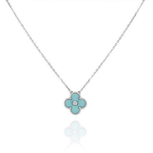 [Leaves]CLOVER 1 DIAMOND LIGHT BLUE SILVER NECKLACE