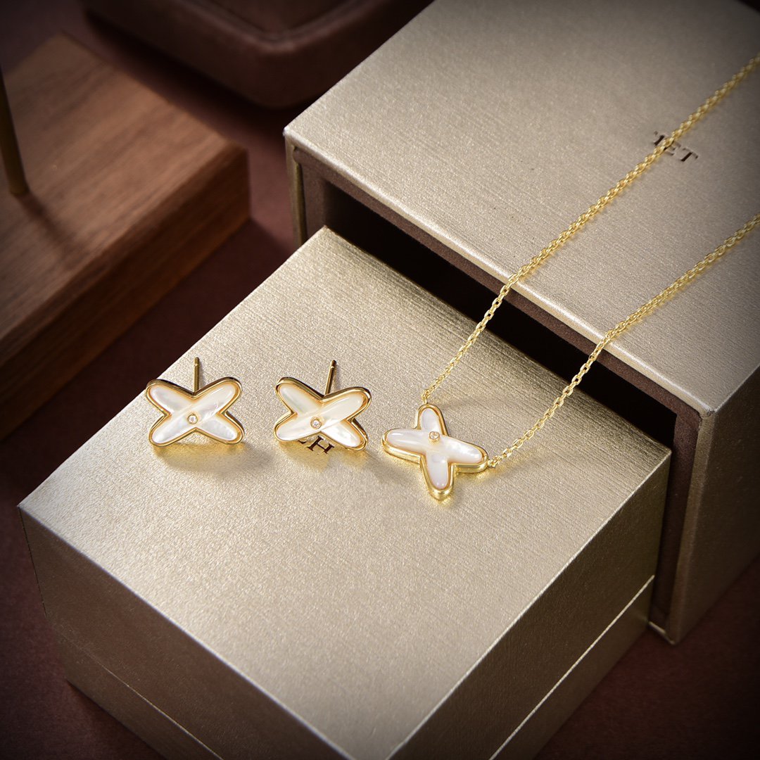[Leaves]JEUX DE WHITE MOP GOLD DIAMOND EARRINGS