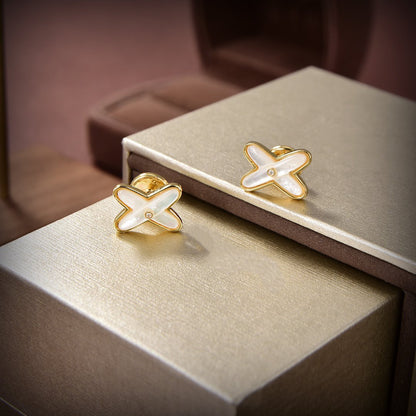 [Leaves]JEUX DE WHITE MOP GOLD DIAMOND EARRINGS
