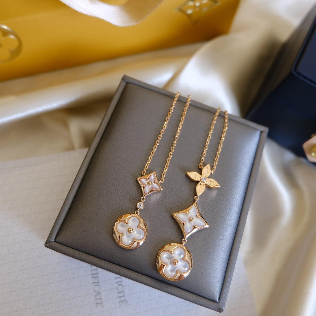[Leaves]COLOR BLOSSOM LARIAT NECKLACE ROSE GOLD WHITE MOTHER PEARL AND DIAMOND