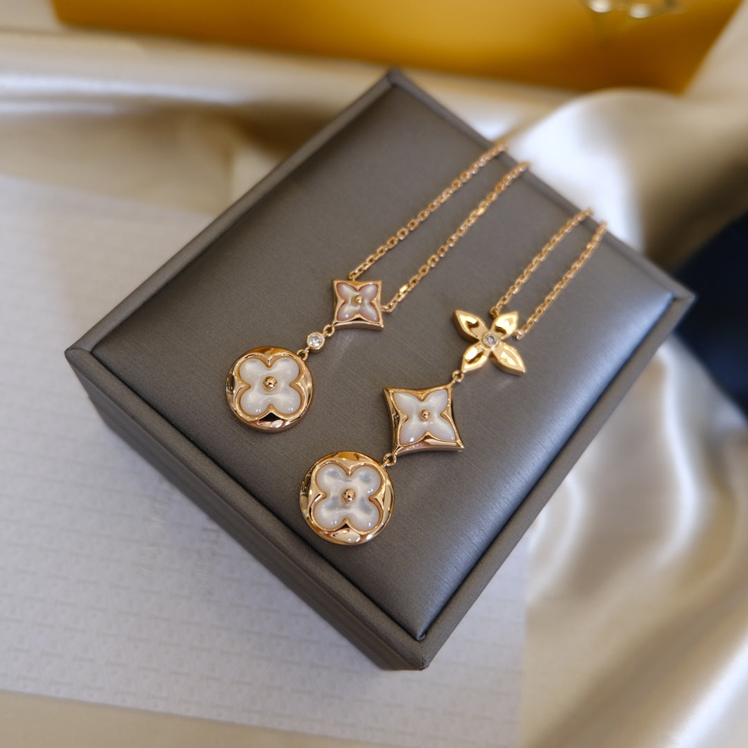 [Leaves]COLOR BLOSSOM LARIAT NECKLACE ROSE GOLD WHITE MOTHER PEARL AND DIAMOND