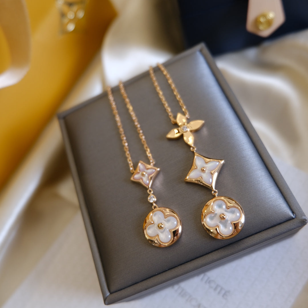 [Leaves]COLOR BLOSSOM LARIAT NECKLACE ROSE GOLD WHITE MOTHER PEARL AND DIAMOND
