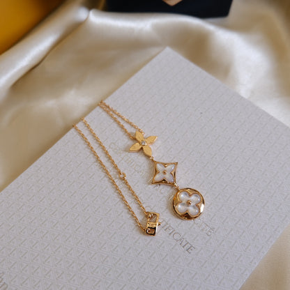 [Leaves]COLOR BLOSSOM LARIAT NECKLACE ROSE GOLD WHITE MOTHER PEARL AND DIAMOND