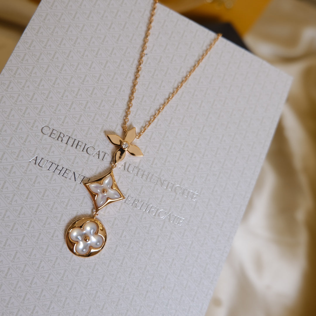 [Leaves]COLOR BLOSSOM LARIAT NECKLACE ROSE GOLD WHITE MOTHER PEARL AND DIAMOND