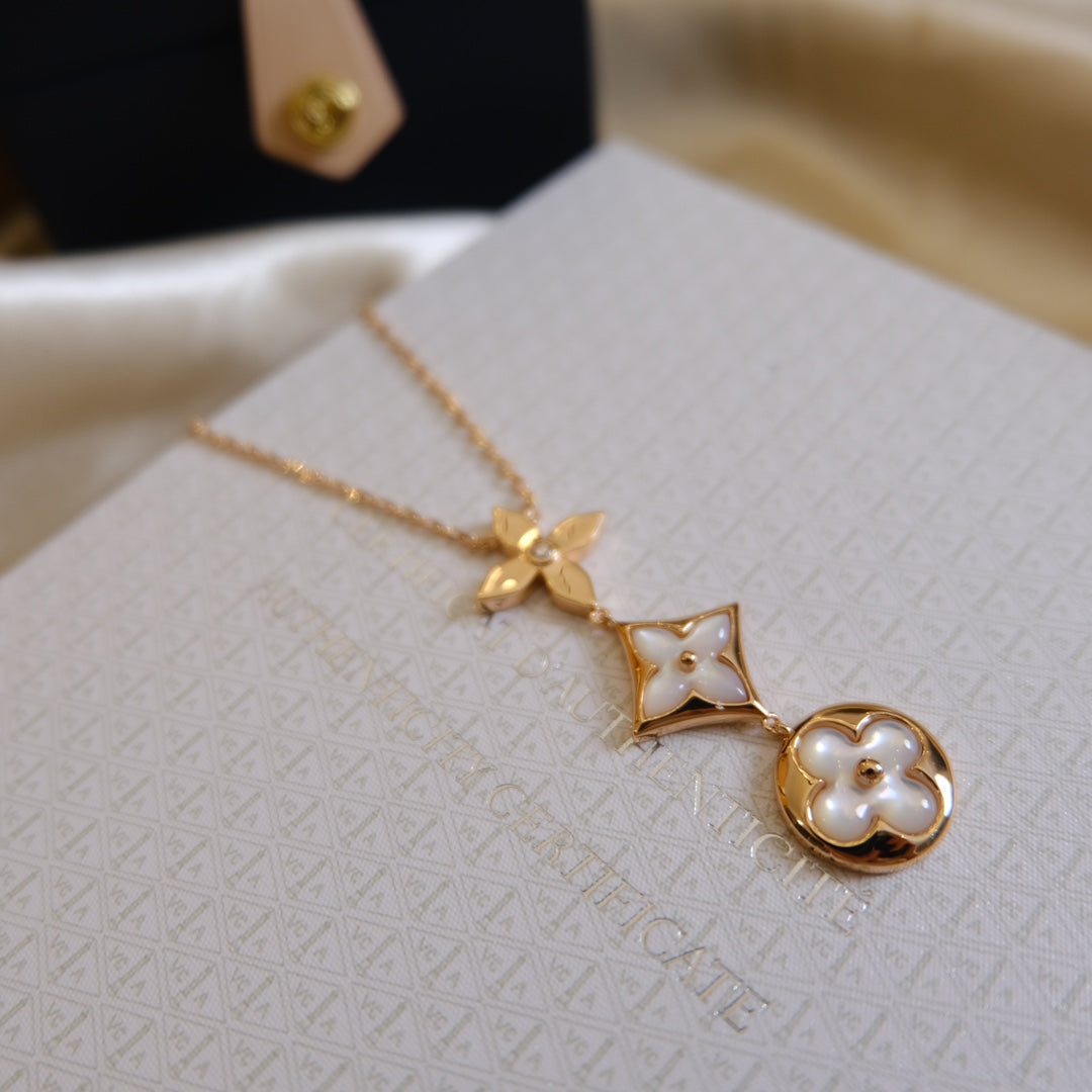 [Leaves]COLOR BLOSSOM LARIAT NECKLACE ROSE GOLD WHITE MOTHER PEARL AND DIAMOND