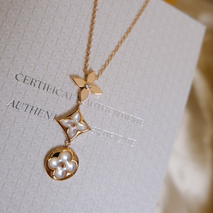 [Leaves]COLOR BLOSSOM LARIAT NECKLACE ROSE GOLD WHITE MOTHER PEARL AND DIAMOND