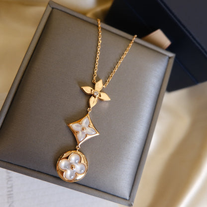 [Leaves]COLOR BLOSSOM LARIAT NECKLACE ROSE GOLD WHITE MOTHER PEARL AND DIAMOND