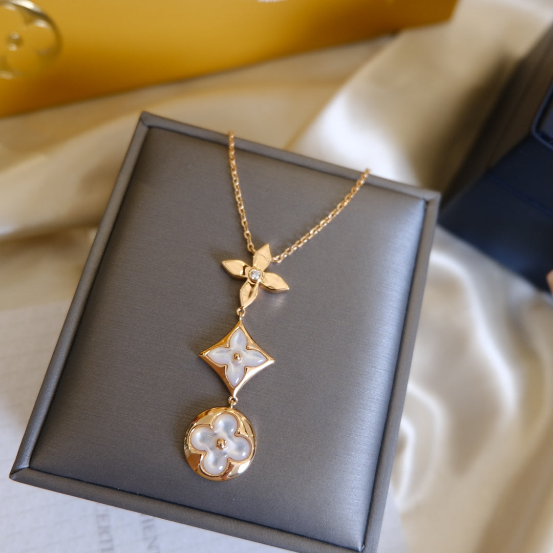[Leaves]COLOR BLOSSOM LARIAT NECKLACE ROSE GOLD WHITE MOTHER PEARL AND DIAMOND