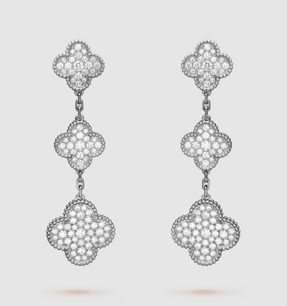 [Leaves]CLOVER 3 MOTIF DIAMOND SILVER DROP EARRINGS