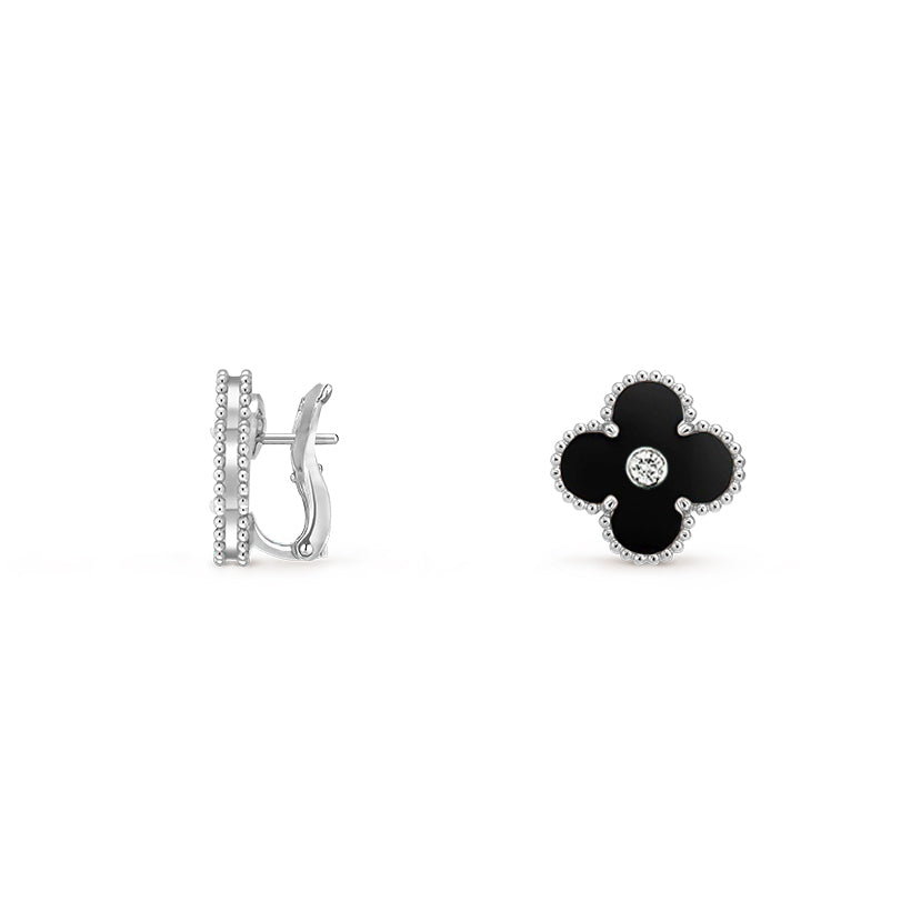 [Leaves]15MM CLOVER FLOWER STUD EARRINGS DIAMOND-WHITE GOLD COLLECTION