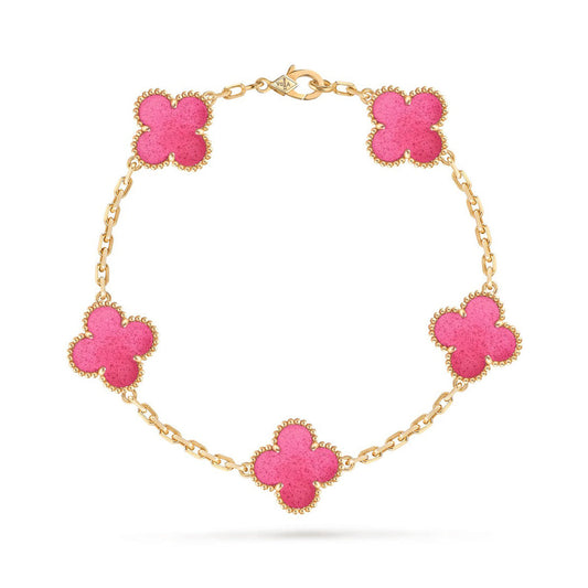 [Leaves]NEW CLOVER 5 MOTIFS PINK ENAMEL BRACELET