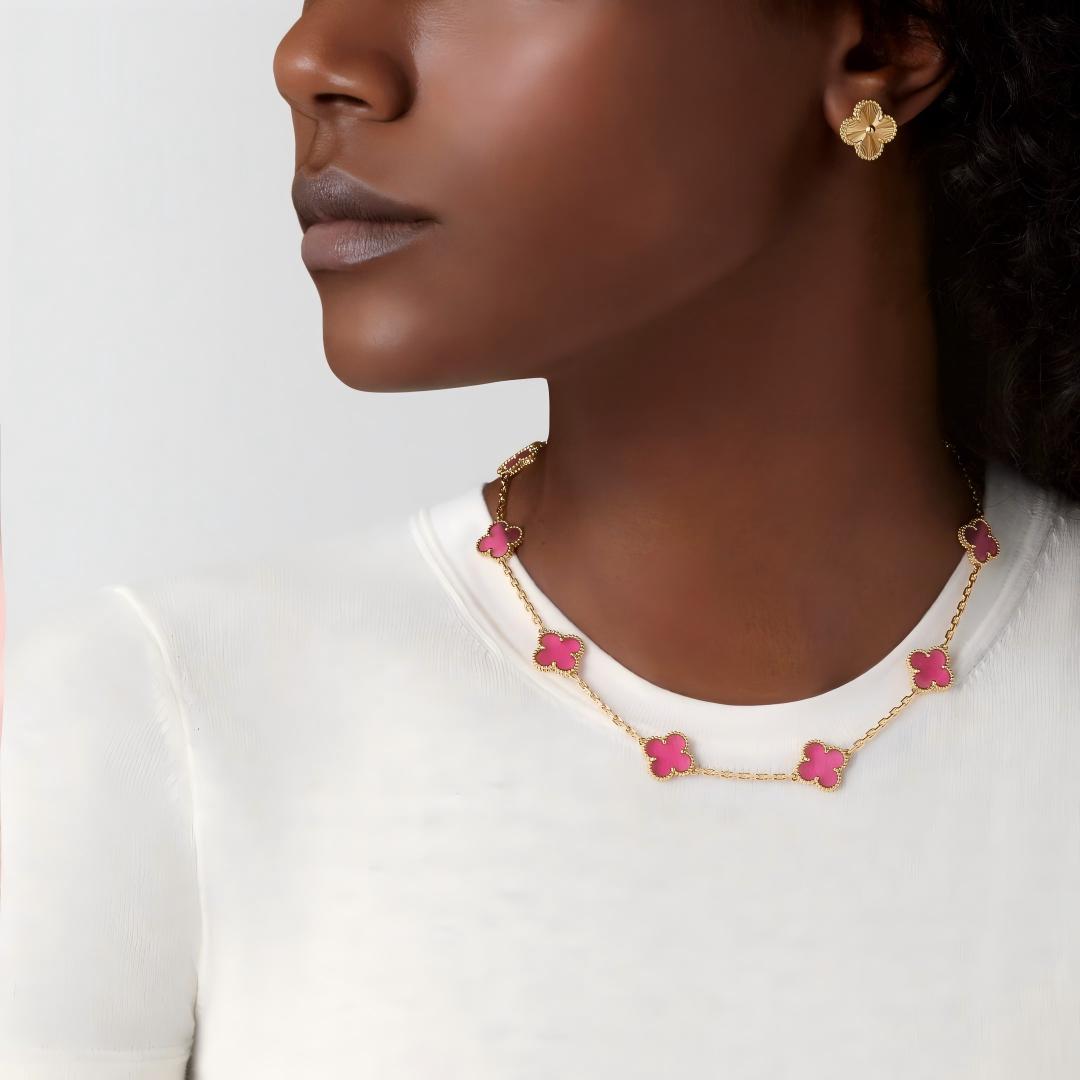 [Leaves]NEW CLOVER 10 MOTIFS PINK ENAMEL NECKLACE