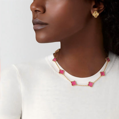 [Leaves]NEW CLOVER 10 MOTIFS PINK ENAMEL NECKLACE