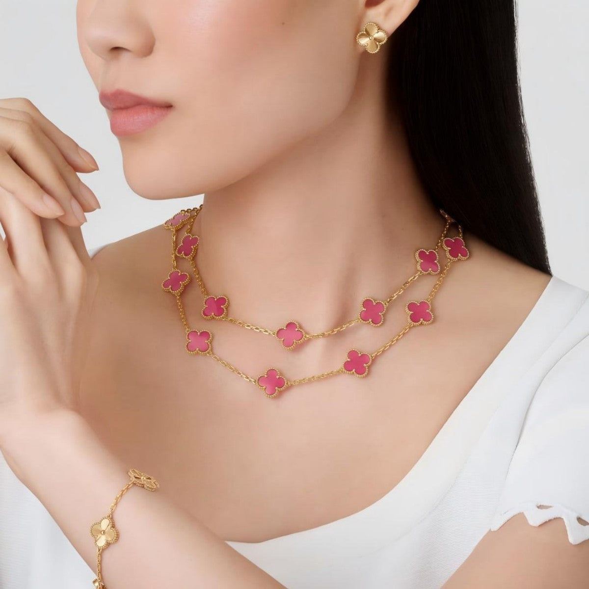 [Leaves] NEW CLOVER 20 MOTIFS PINK ENAMEL NECKLACE