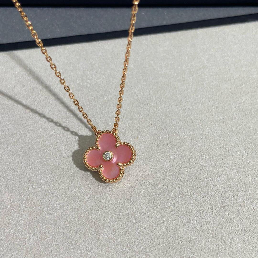 [Leaves]CLOVER 15MM DIAMOND PINK MOP NECKLACE