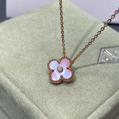 [Leaves]CLOVER 15MM DIAMOND PINK MOP NECKLACE
