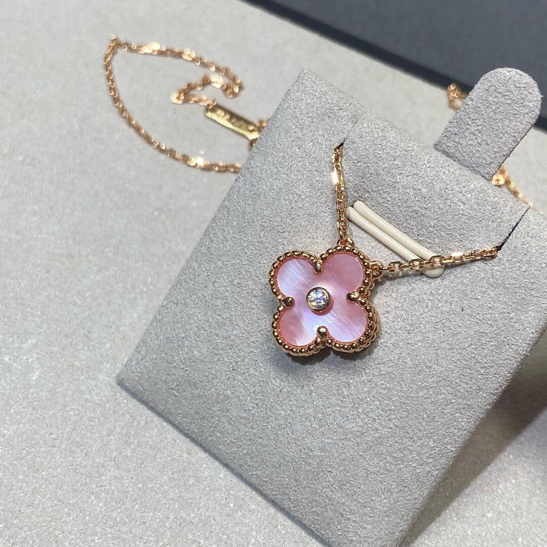 [Leaves]CLOVER 15MM DIAMOND PINK MOP NECKLACE