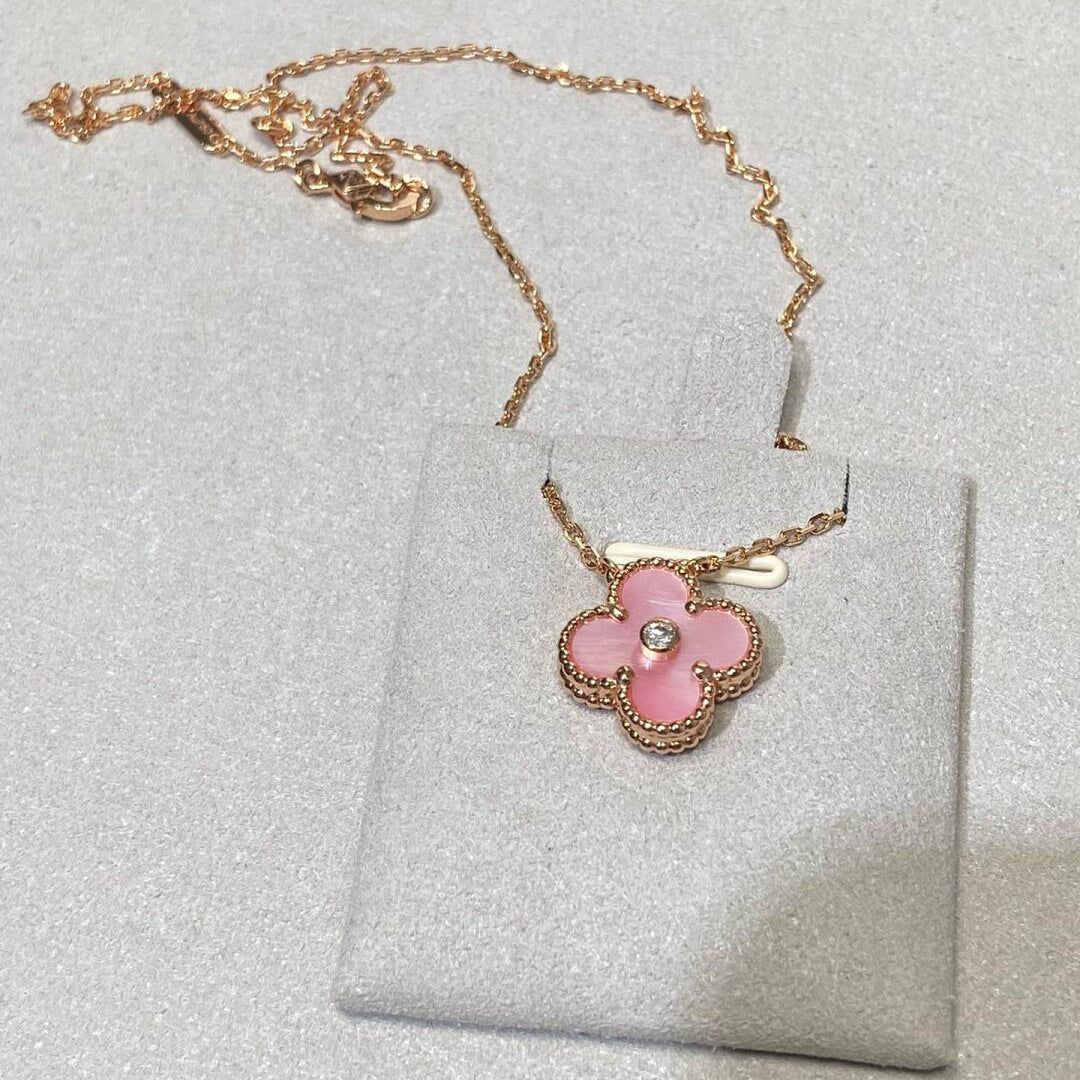 [Leaves]CLOVER 15MM DIAMOND PINK MOP NECKLACE