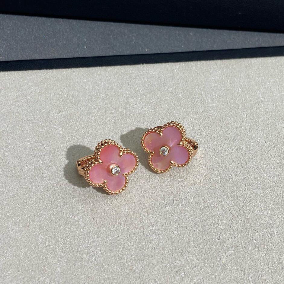 [Leaves]CLOVER MEDIUM 1 DIAMOND PINK EARRINGS