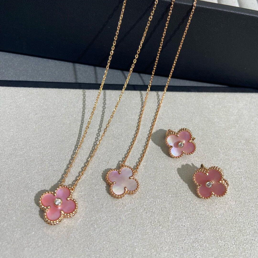 [Leaves]CLOVER MEDIUM 1 DIAMOND PINK EARRINGS