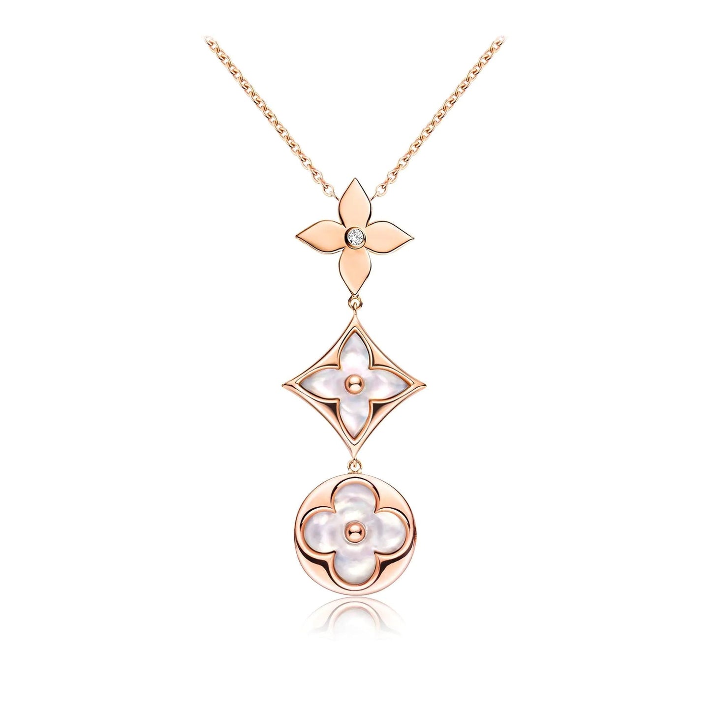 [Leaves]COLOR BLOSSOM LARIAT NECKLACE ROSE GOLD WHITE MOTHER PEARL AND DIAMOND