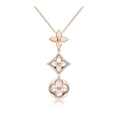 [Leaves]COLOR BLOSSOM LARIAT NECKLACE ROSE GOLD WHITE MOTHER PEARL AND DIAMOND