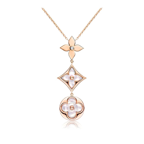 [Leaves]COLOR BLOSSOM LARIAT NECKLACE ROSE GOLD WHITE MOTHER PEARL AND DIAMOND