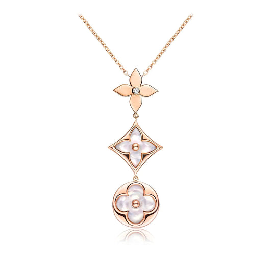[Leaves]COLOR BLOSSOM LARIAT NECKLACE ROSE GOLD WHITE MOTHER PEARL AND DIAMOND