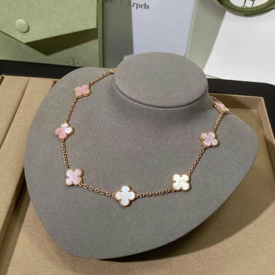 [Leaves]CLOVER 10 MOTIFS PINK MOP NECKLACE