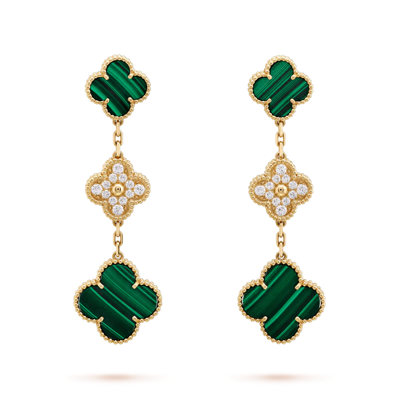 [Leaves]CLOVER EARRINGS GOLD MALACHITE DIAMOND 3 MOTIF