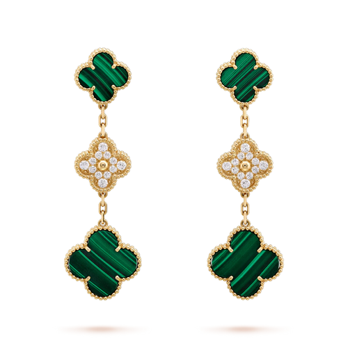 [Leaves]CLOVER EARRINGS GOLD MALACHITE DIAMOND 3 MOTIF